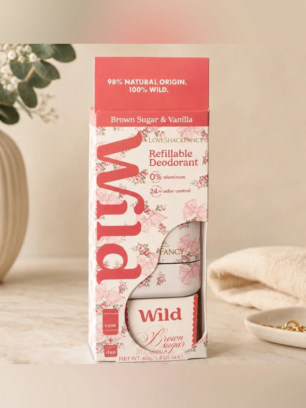 LoveShackFancy Pink & Cream Refillable Deodorant Case - Brown Sugar & Vanilla